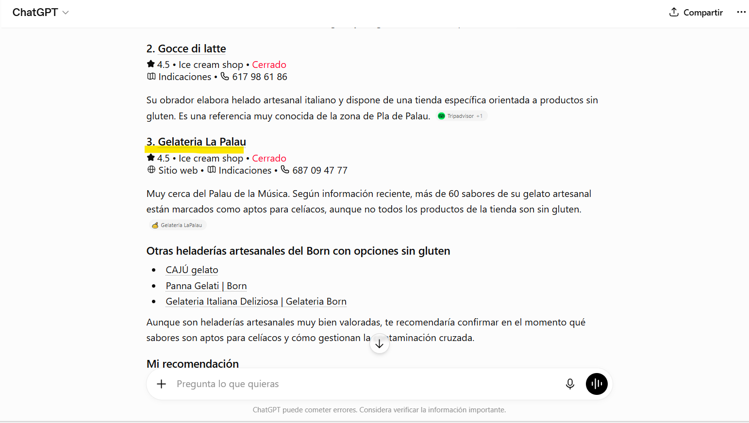 ChatGPT recomienda La Palau heladería artesanal sin gluten en el Born, Barcelona