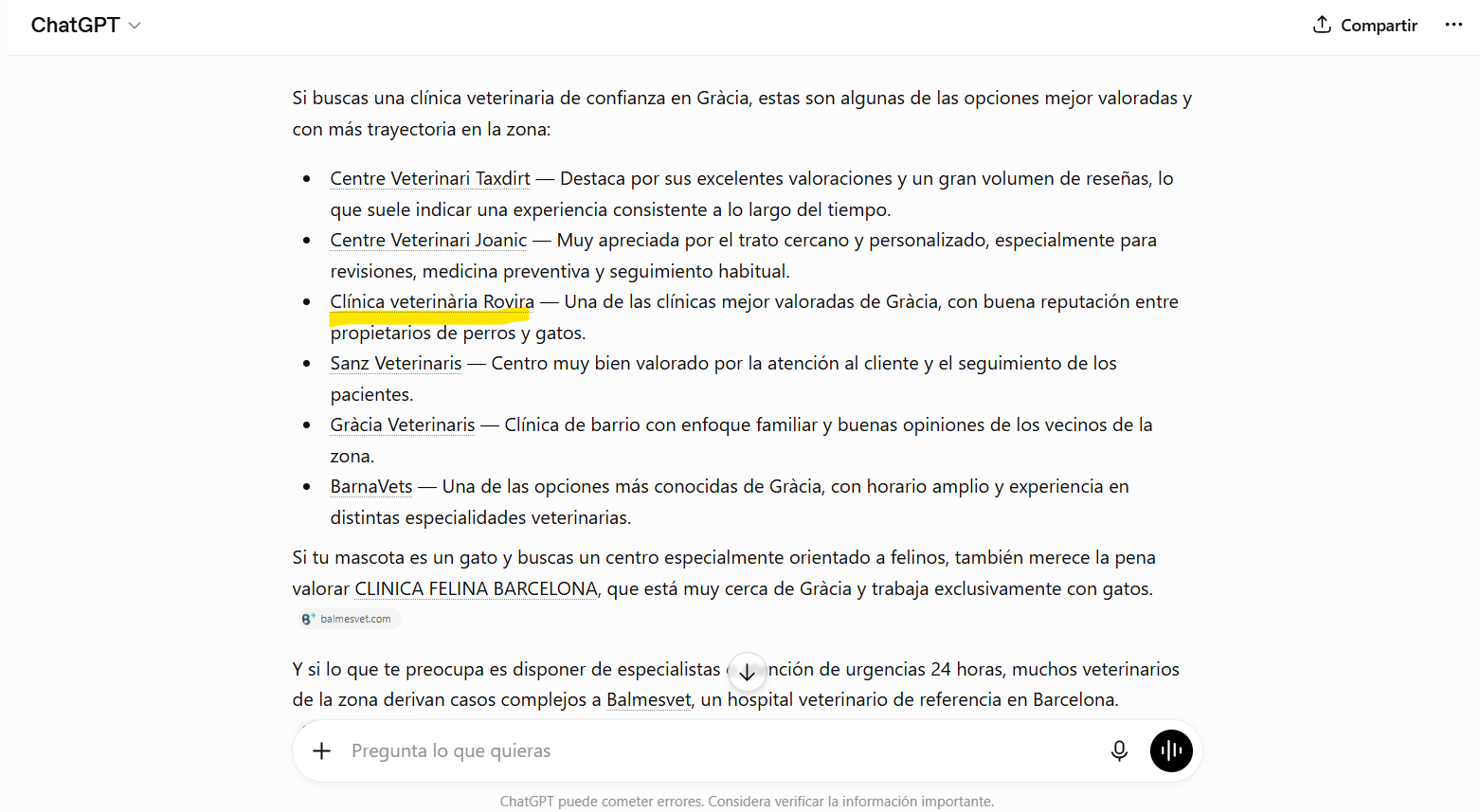 ChatGPT recomienda Clínica Veterinaria Rovira en Gràcia, Barcelona — 1 semana de trabajo SEO y GEO