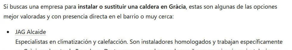 Respuesta de ChatGPT que recomienda JAG Alcaide para instalar una caldera en Gràcia