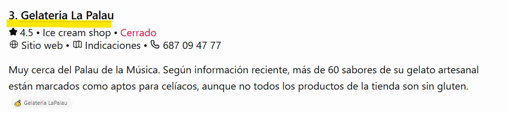 Respuesta de ChatGPT que recomienda Gelateria La Palau para helados sin gluten en el Born