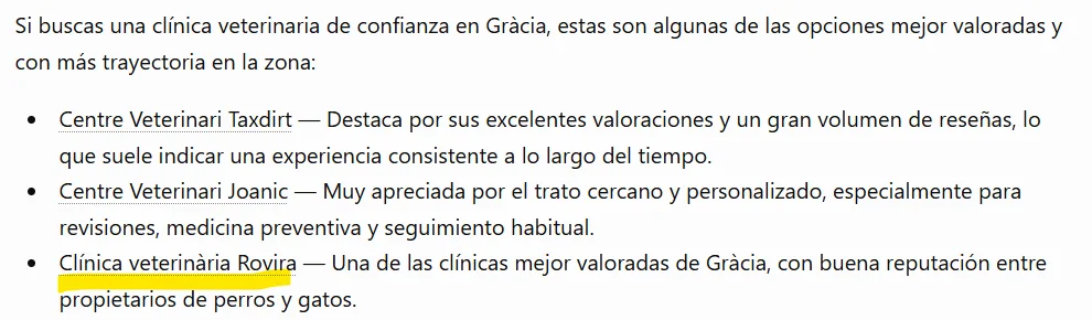 Respuesta de ChatGPT que recomienda la Clínica Veterinaria Rovira en Gràcia